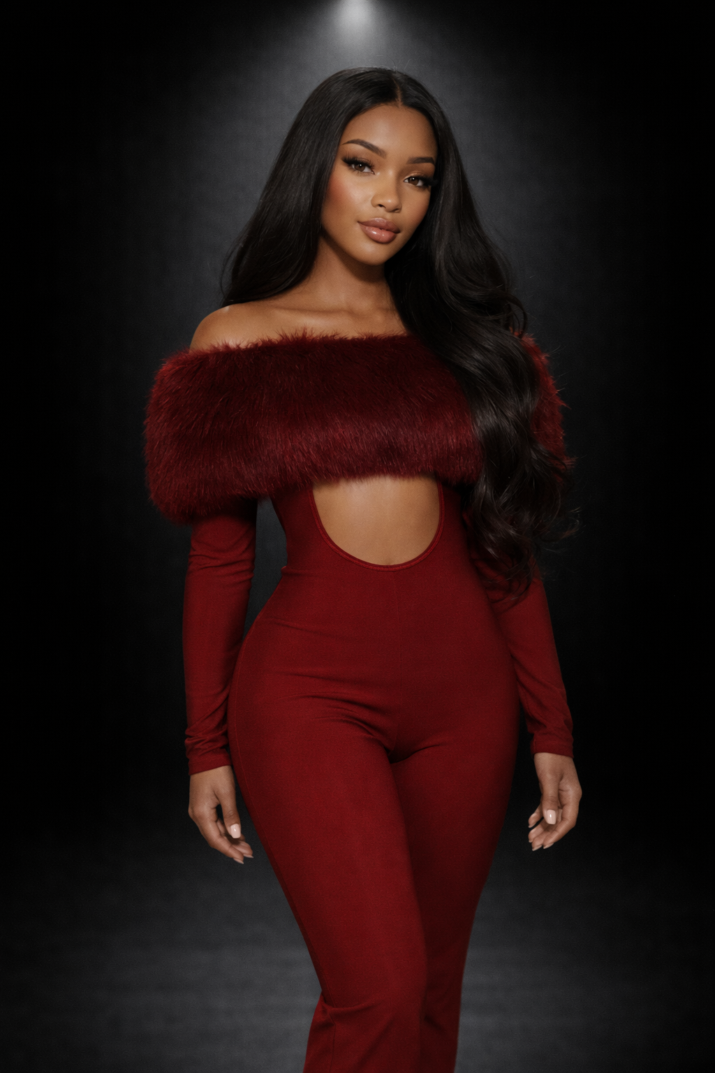 Empress Allure Faux-Fur Cutout Jumpsuit